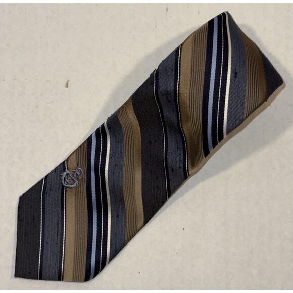 Vintage Via Re Mens Embroidered Crest Textured Regimental Striped Blue Brown Tie - Picture 1 of 7